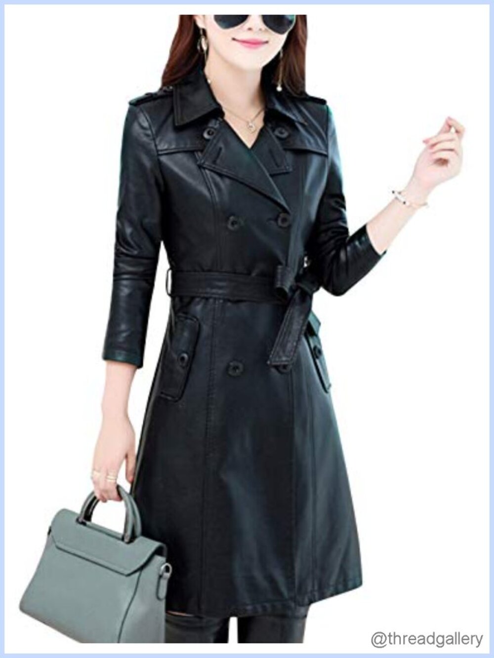 Women's Faux Leather Mid Long Jacket Coat Double Breasted Belted Trench